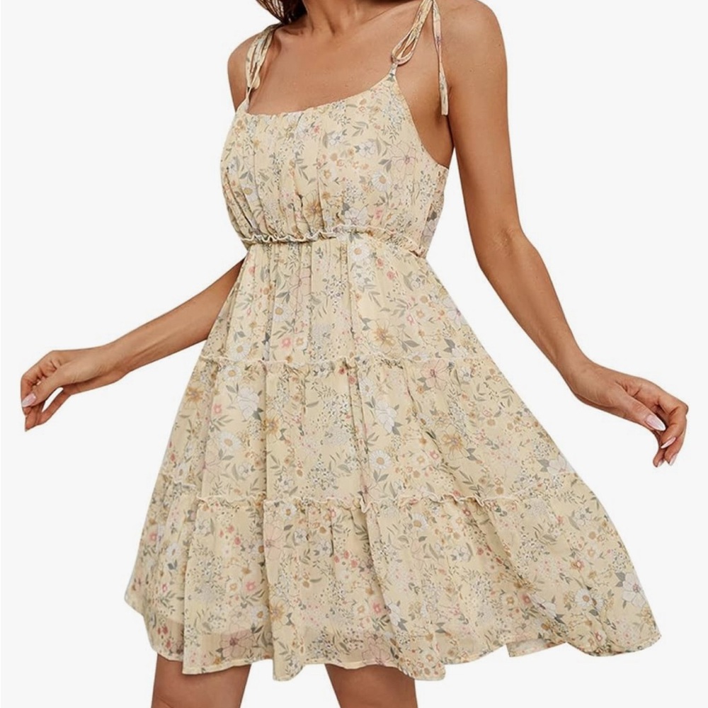 Yellow Floral Print Tie-Strap A-line Flowy Mini Dress, Summer Sundress - Picture 3 of 6
